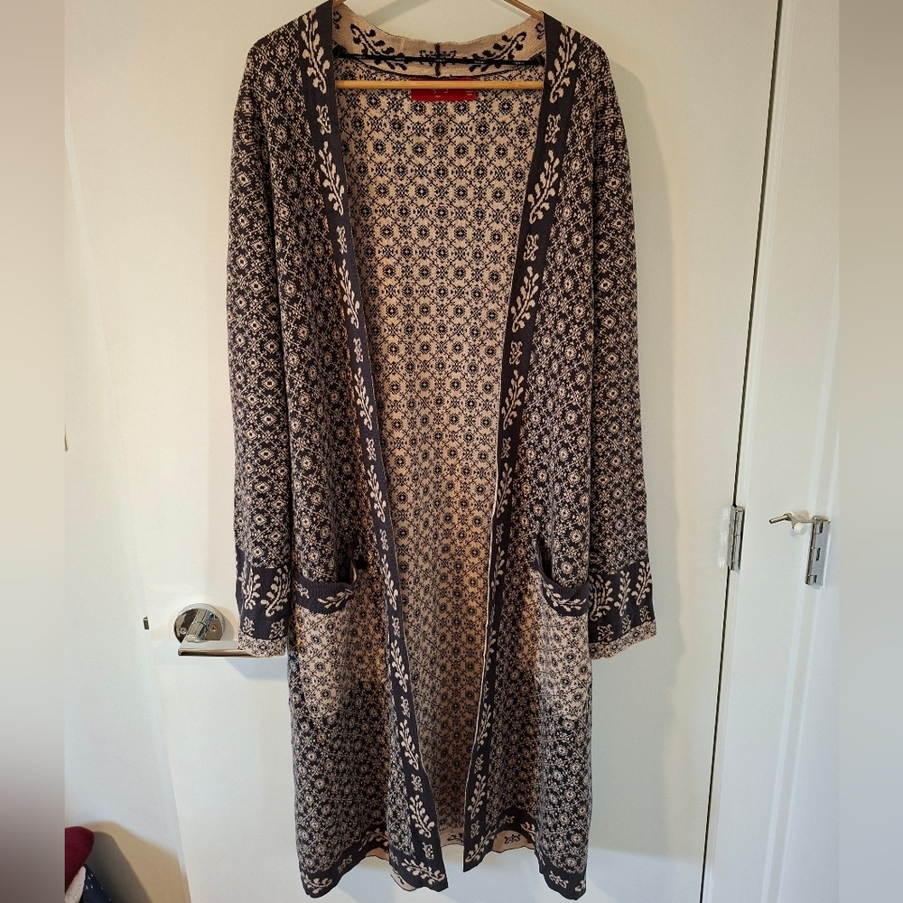 Tigerlily Beige & Gray Boho Printed 100% Cotton Maxi/Duster Cardigan (Size L)